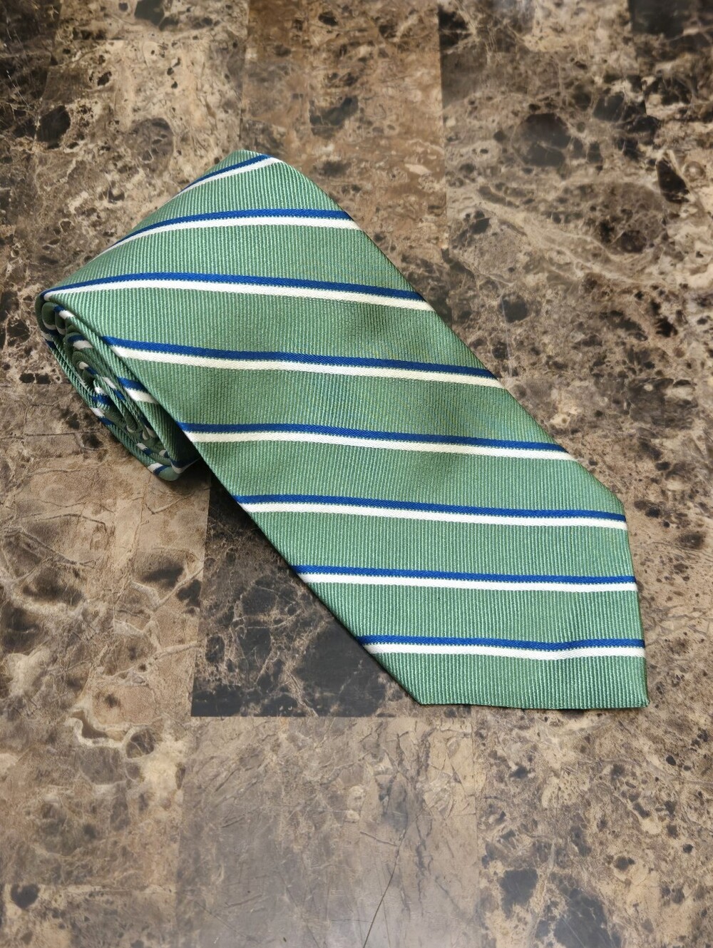 Brooks Brothers 100% Silk Repp Striped Tie - Green With White/Blue Stripes